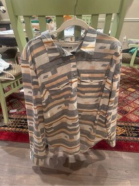 RANK-45 Women's Striped Button-Up Shirt in Gray & Cream with Tan Accents